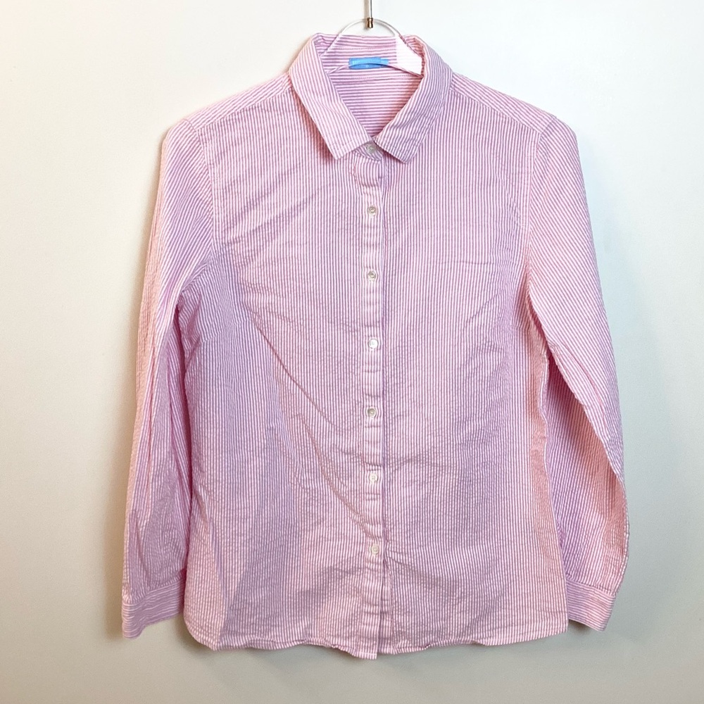 J.McLaughlin Long Sleeve Striped Seersucker Button Up Shirt - Pink - M